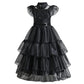 Girls Black Layered Cake Gown with Mesh Details and Mid Calf Length