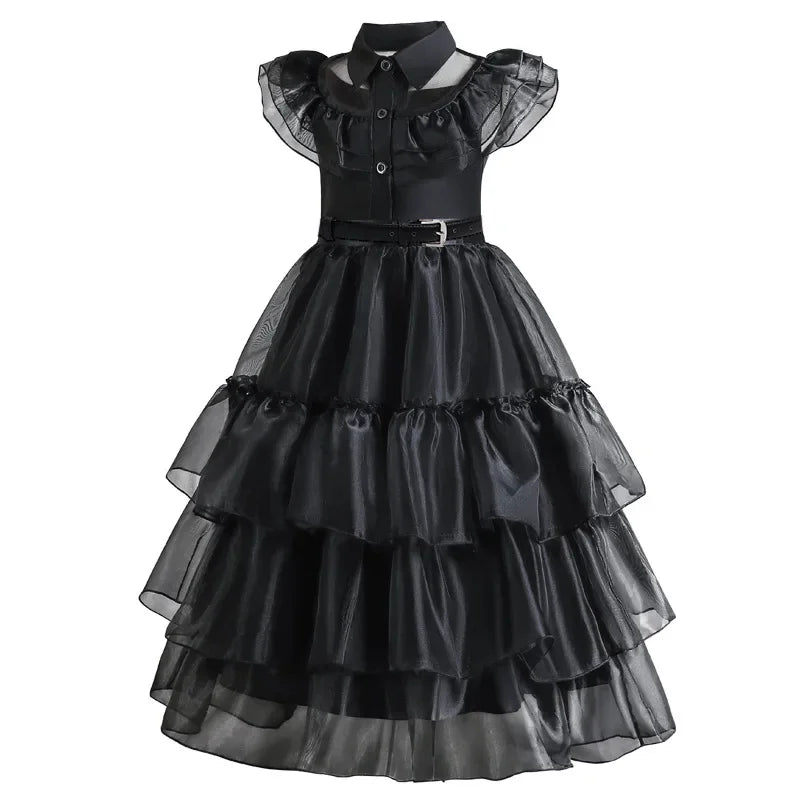 Girls Black Layered Cake Gown with Mesh Details and Mid Calf Length