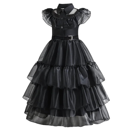 Girls Black Layered Cake Gown with Mesh Details and Mid Calf Length