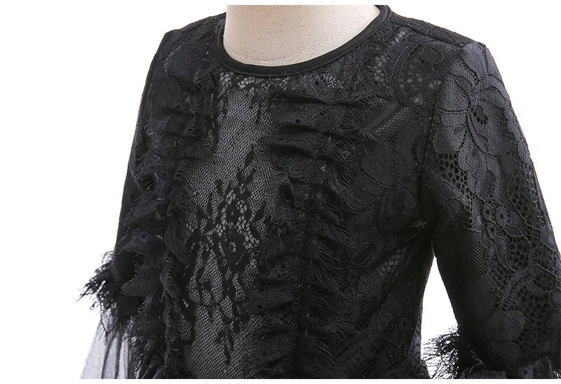 Girls Evil Queen Cosplay Dress with Lace Ruffle Details and Mid Calf Length, Ages 4-6