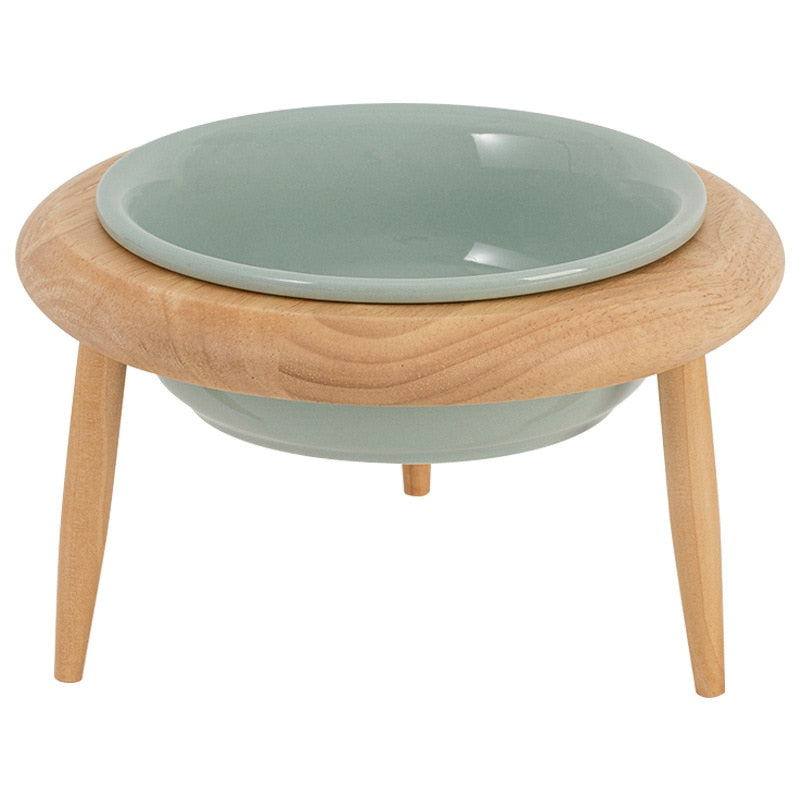 Elevated Ceramic Cat Bowl with Adjustable Oak Wood Stand and Removable Legs