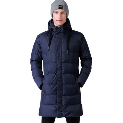 Heated Down Coat with Built-In Warming Panels and Attached Hood, Extended Length