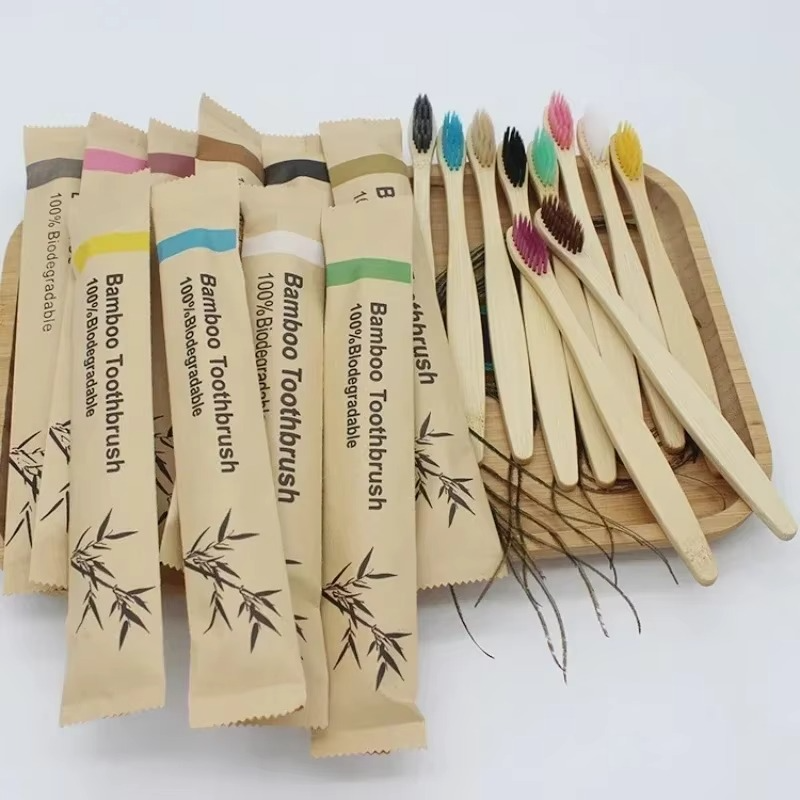 Bamboo Toothbrush Set with Soft Nylon Bristles and Naturally Antibacterial Handle, 10 Pack