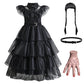 Girls Black Layered Cake Gown with Mesh Details and Mid Calf Length
