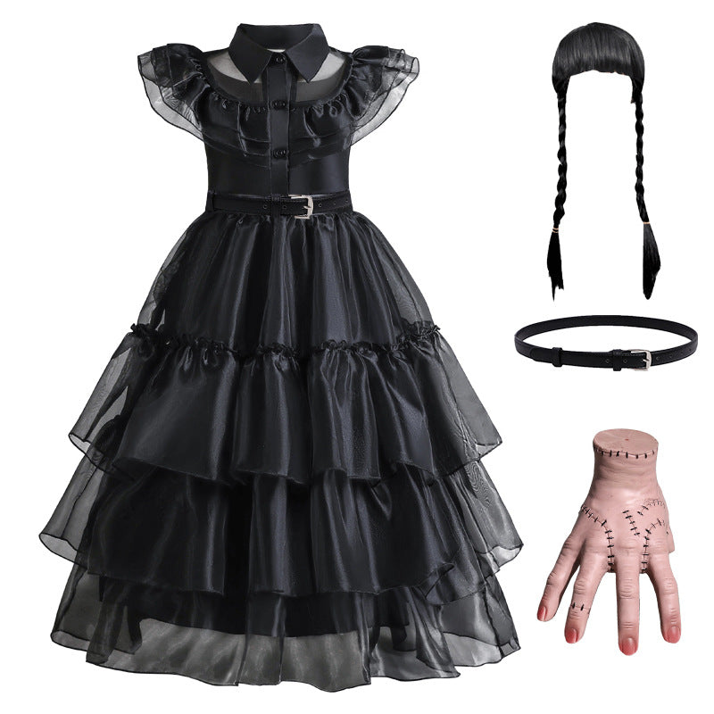 Girls Black Layered Cake Gown with Mesh Details and Mid Calf Length