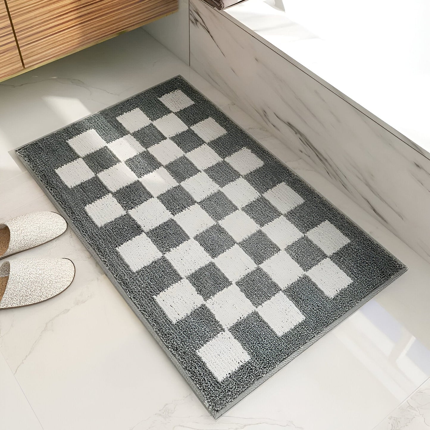 Checkered Microfiber Bath Mat with Black and White Pattern, Machine Washable