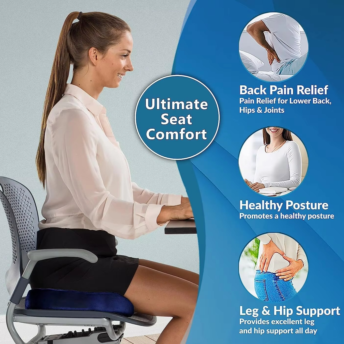 Seat Cushion with Gel Layer and Memory Foam, Coccyx Cutout Design