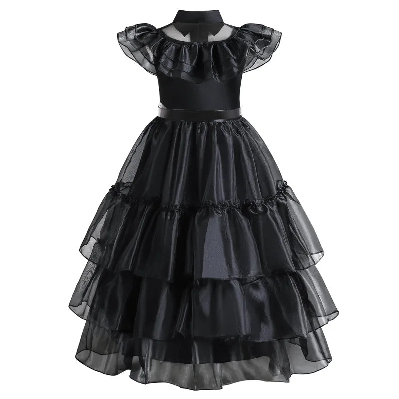 Girls Black Layered Cake Gown with Mesh Details and Mid Calf Length