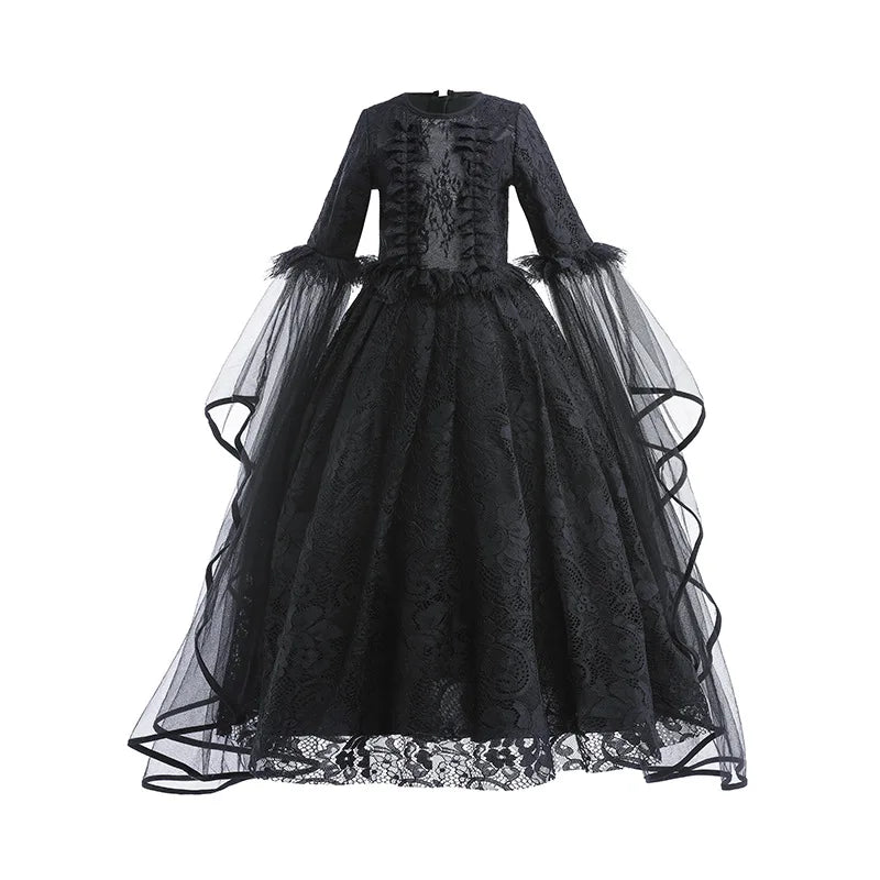 Girls Evil Queen Cosplay Dress with Lace Ruffle Details and Mid Calf Length, Ages 4-6