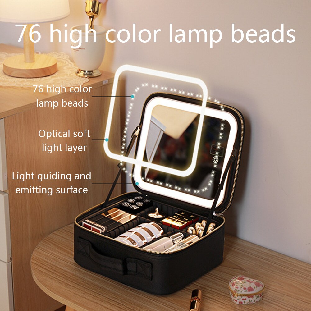 Makeup Organizer Case with Adjustable LED Mirror and Multiple Storage Compartments