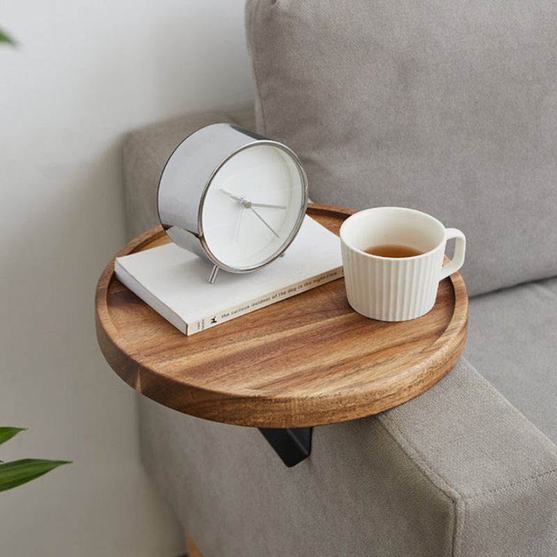 Wooden Sofa Armrest Tray with Secure Clip Attachment and Walnut  Finish
