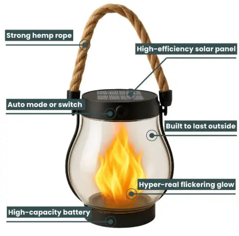 Solar Flame Lantern with Flickering Light Effect and Auto Dusk Sensor, 12-Hour Runtime