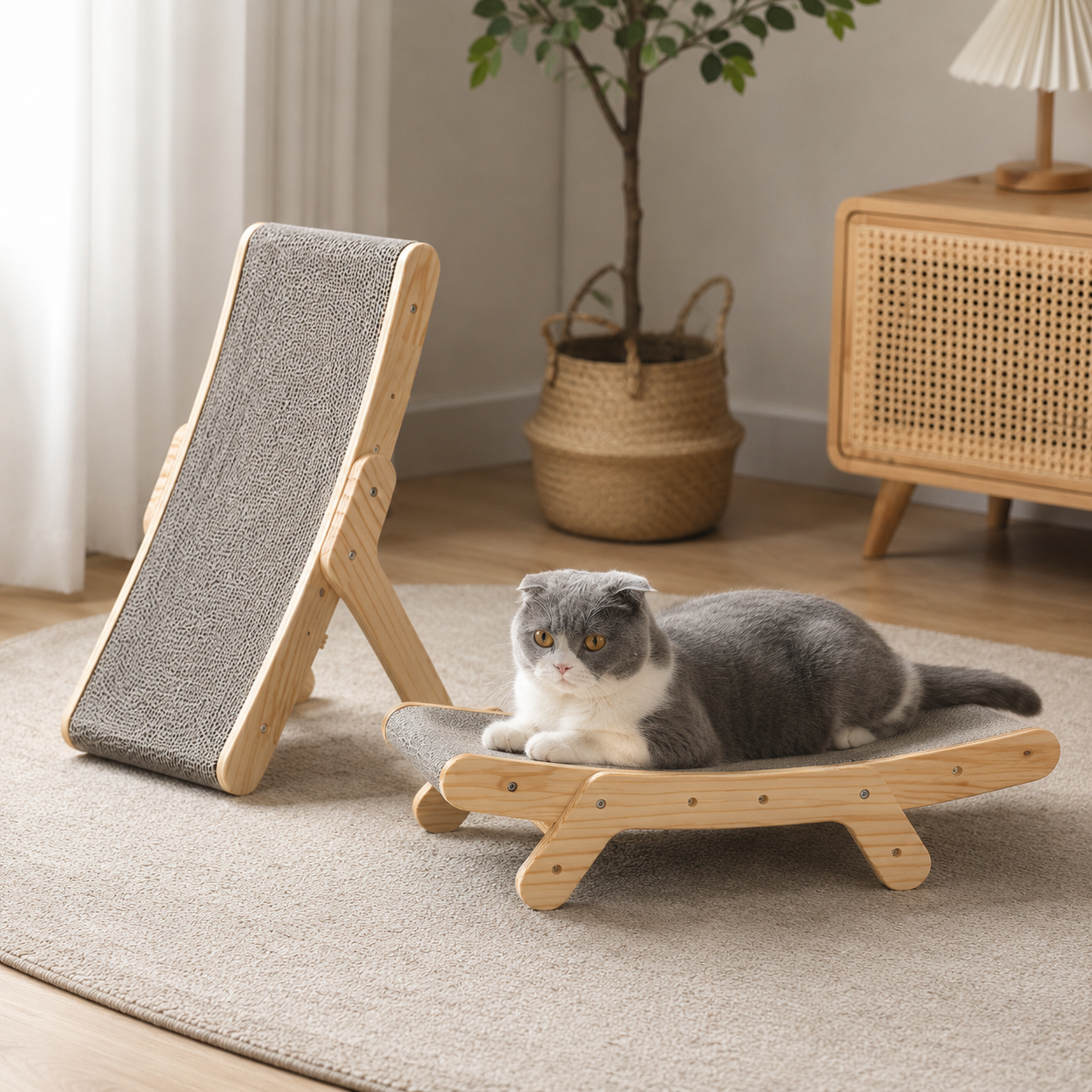 Curved Wood Cat Scratcher with Textured Surface and Slope Design