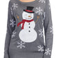 Womens Gray Sequin Snowman Christmas Sweater with Sparkling Snowflake Sleeves