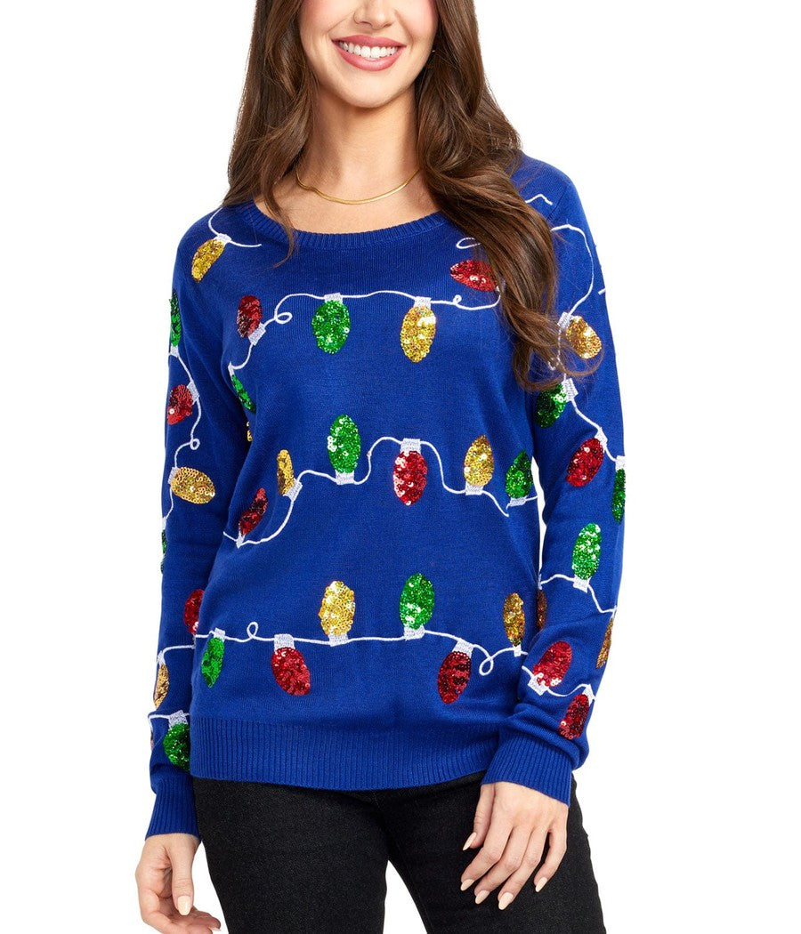 Womens Blue Christmas Lights Sweater with Colorful Bulb Design for Holiday Parties