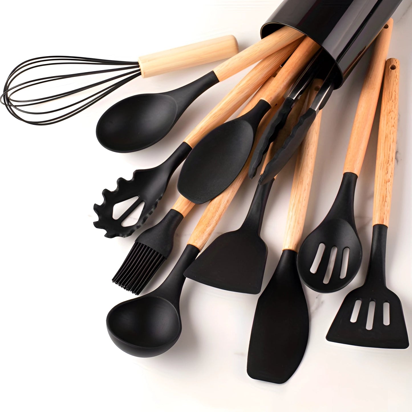 Silicone Kitchen Utensil Set with Bamboo Handles and Heat Resistant Design, 12-Piece