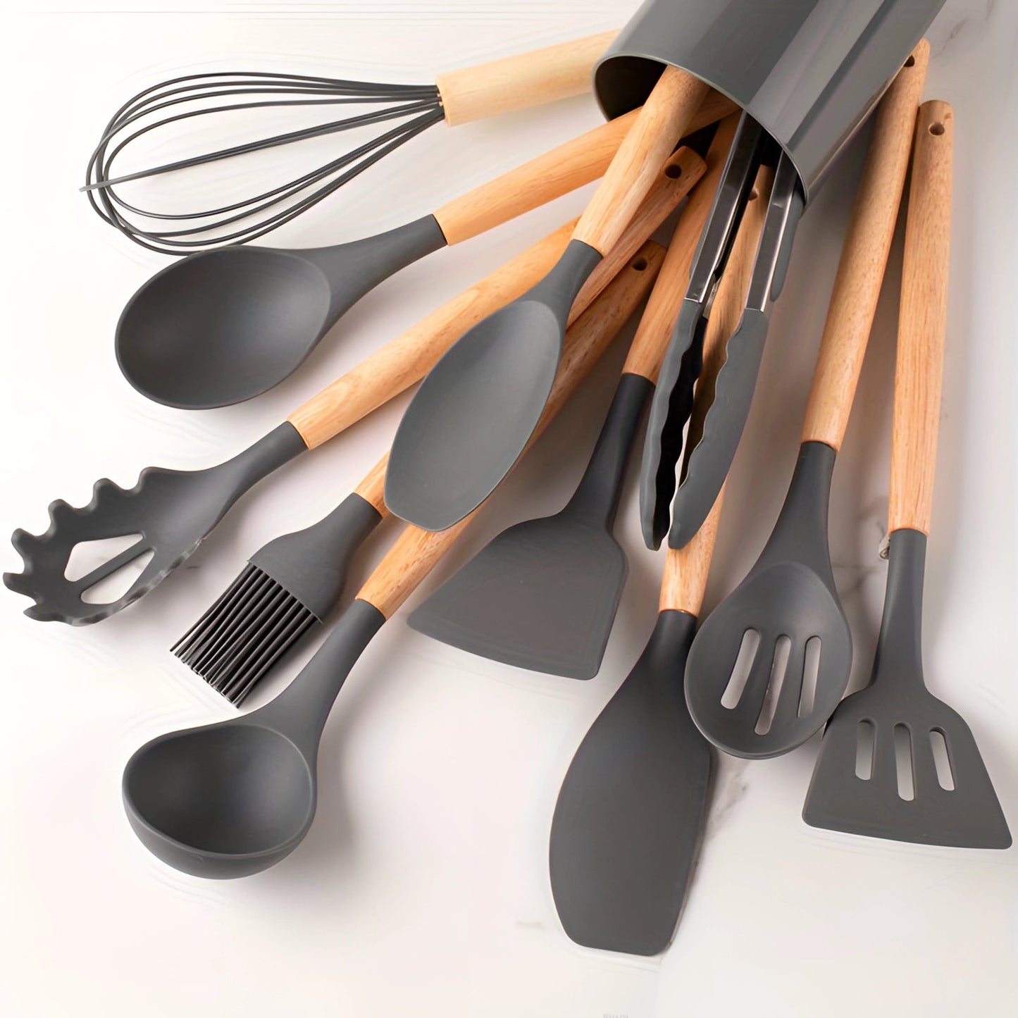Silicone Kitchen Utensil Set with Bamboo Handles and Heat Resistant Design, 12-Piece