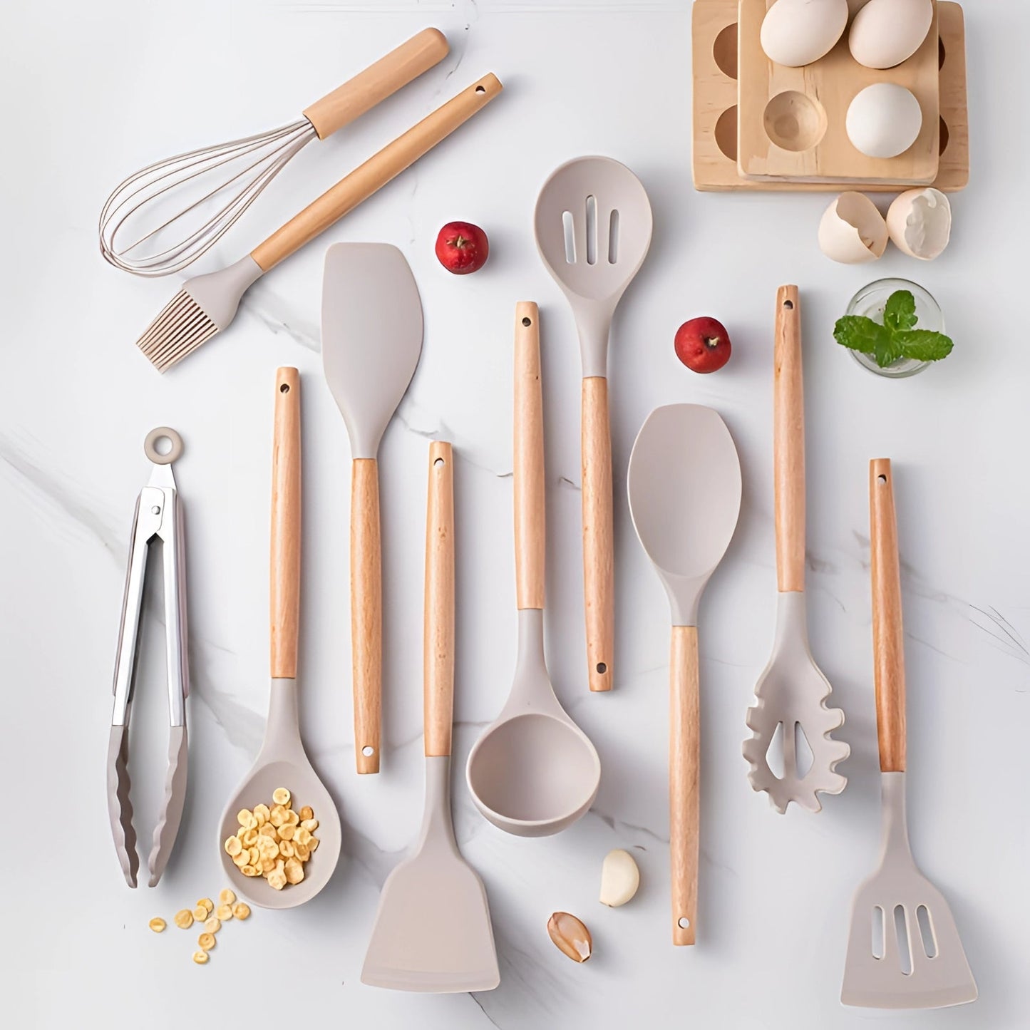 Silicone Kitchen Utensil Set with Bamboo Handles and Heat Resistant Design, 12-Piece