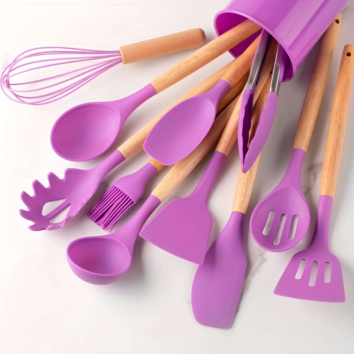 Silicone Kitchen Utensil Set with Bamboo Handles and Heat Resistant Design, 12-Piece