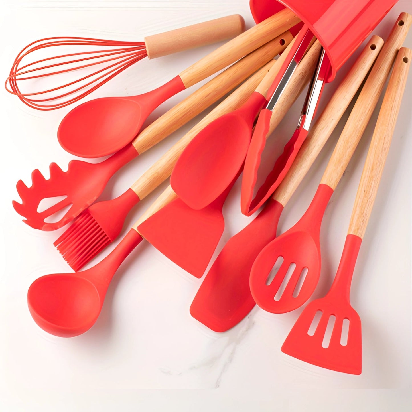 Silicone Kitchen Utensil Set with Bamboo Handles and Heat Resistant Design, 12-Piece