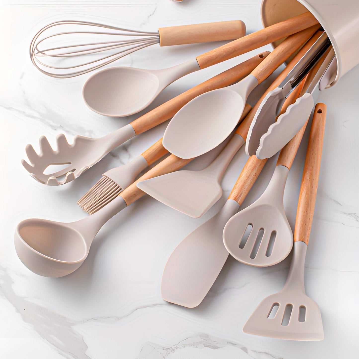 Silicone Kitchen Utensil Set with Bamboo Handles and Heat Resistant Design, 12-Piece
