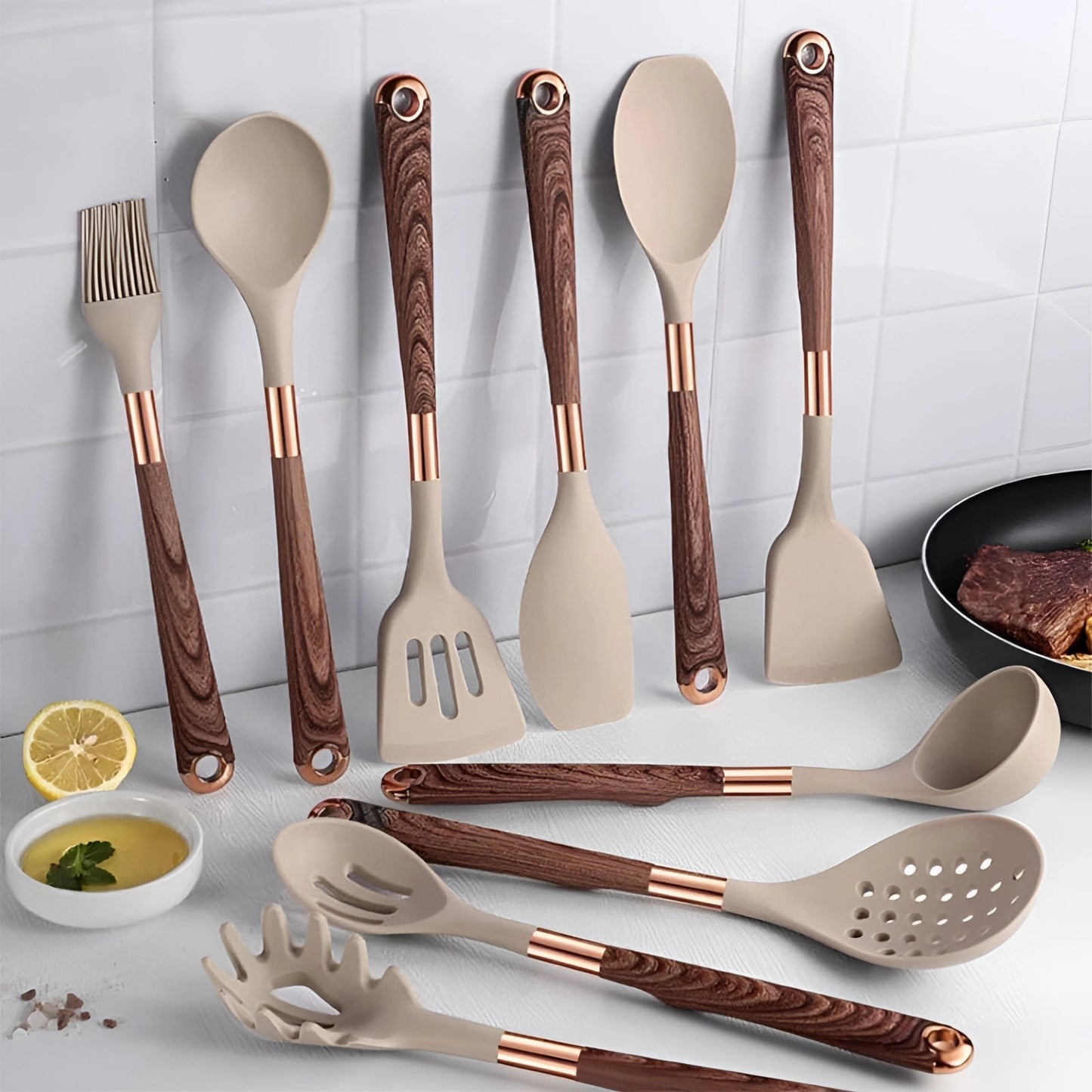 Kitchen Utensils Set with Silicone Heads and Wooden Handles, 10-Piece