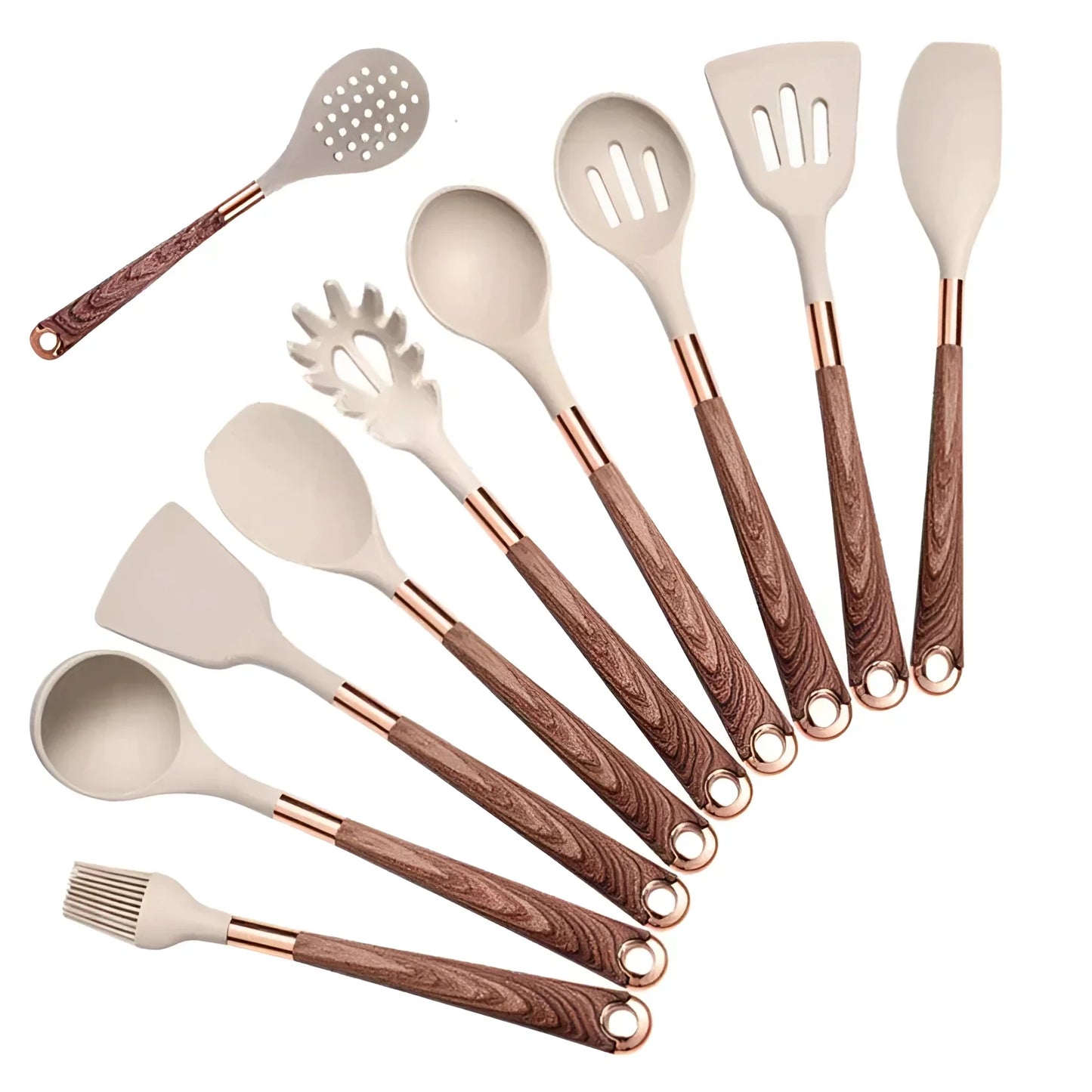 Kitchen Utensils Set with Silicone Heads and Wooden Handles, 10-Piece