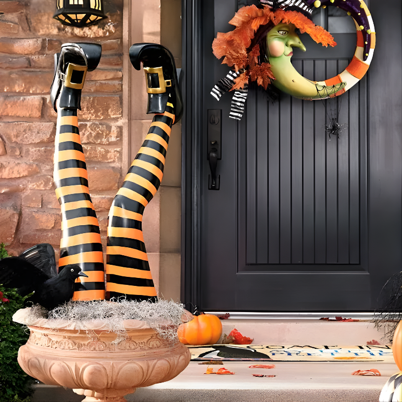 Witch Leg Garden Stakes with Striped Boots and Integrated Base, Set of 2