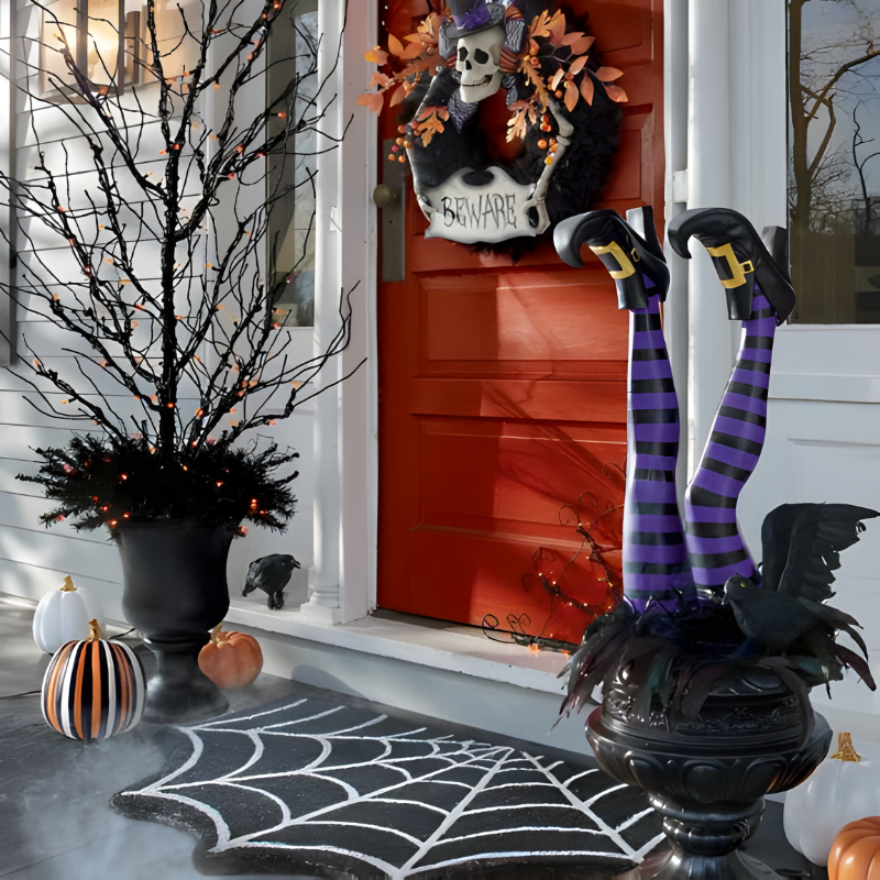 Witch Leg Garden Stakes with Striped Boots and Integrated Base, Set of 2
