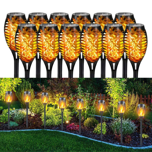 12 Pack Solar Tiki Torch Lights Flickering Flame, Waterproof Outdoor Garden Pathway Lights