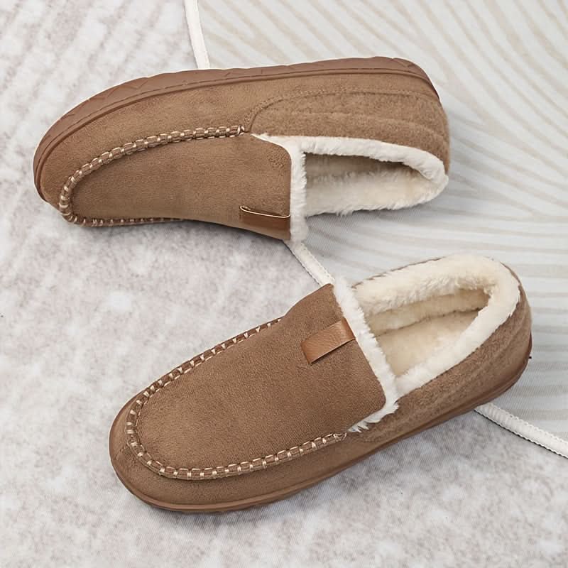Mens slip-on house slippers with plush lining and rubber grip sole