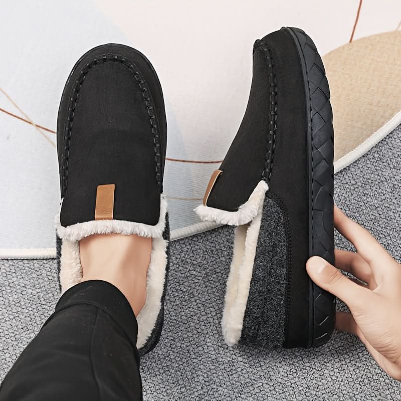 Mens slip-on house slippers with plush lining and rubber grip sole