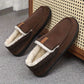 Mens slip-on house slippers with plush lining and rubber grip sole