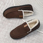 Mens slip-on house slippers with plush lining and rubber grip sole