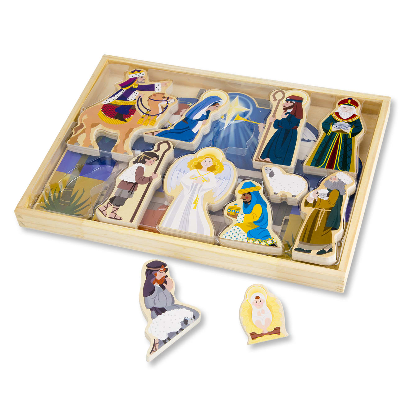 The loose pieces of the Melissa & Doug Classic Wooden Christmas Nativity Set With 4-Piece Stable and 11 Wooden Figures
