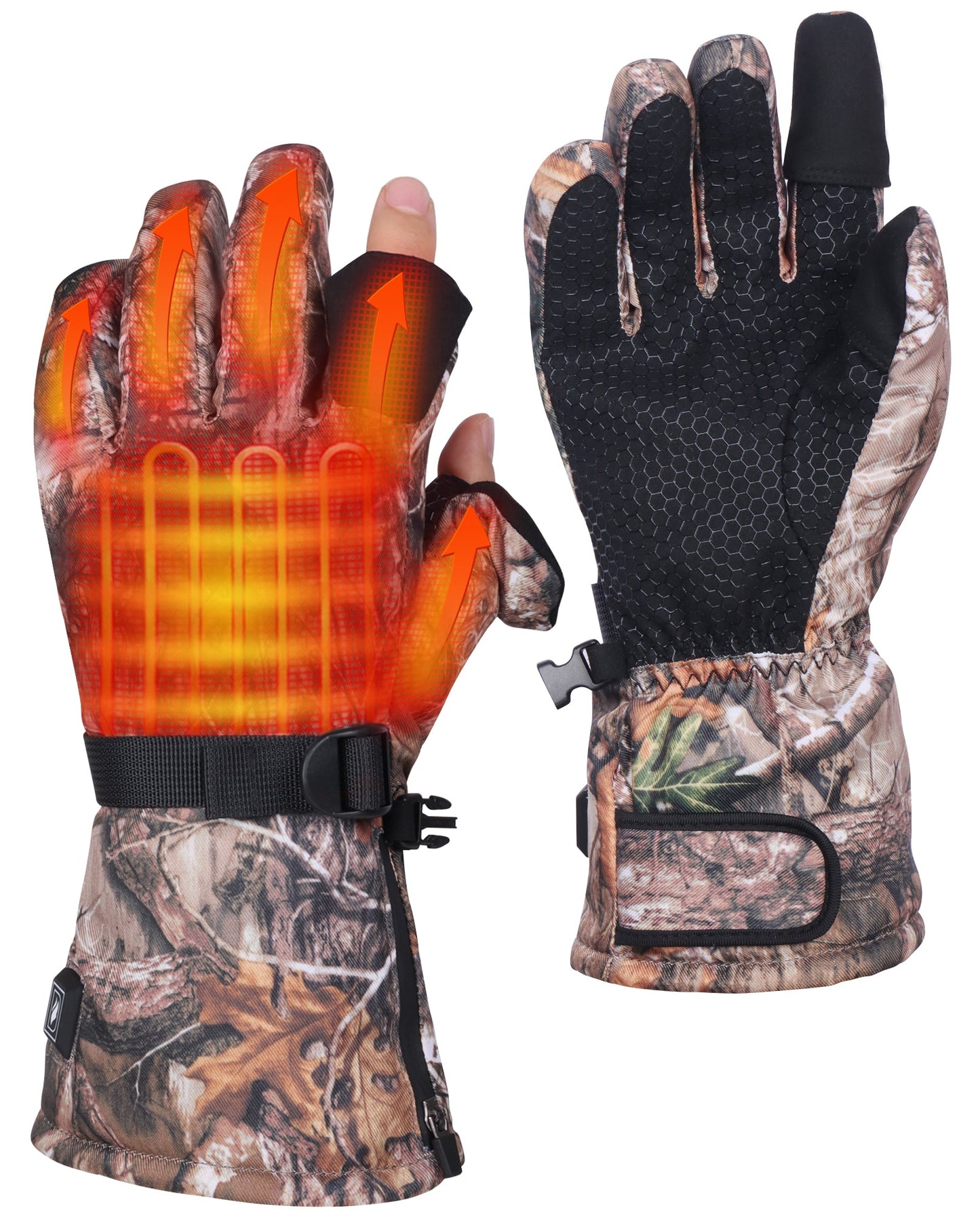 Heated Camo Vest and Gloves Set with Eight Heating Zones and Flip Open Fingertips