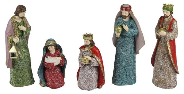 Nativity Scene Figurine Set of 5 with Jewel Tone and Glitter Finish, 5-8in Figures