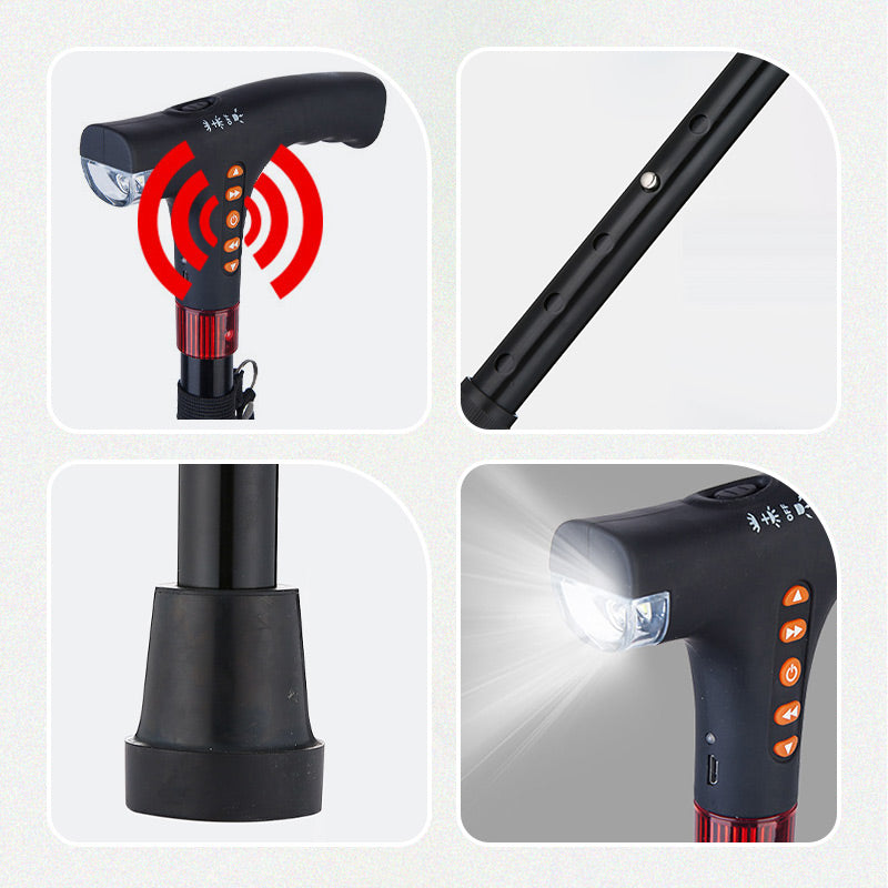 Adjustable Walking Stick with LED Flashlight and Built-In Radio, Collapsible