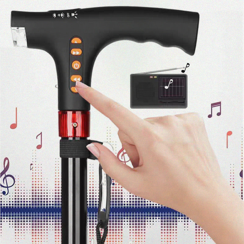 Adjustable Walking Stick with LED Flashlight and Built-In Radio, Collapsible