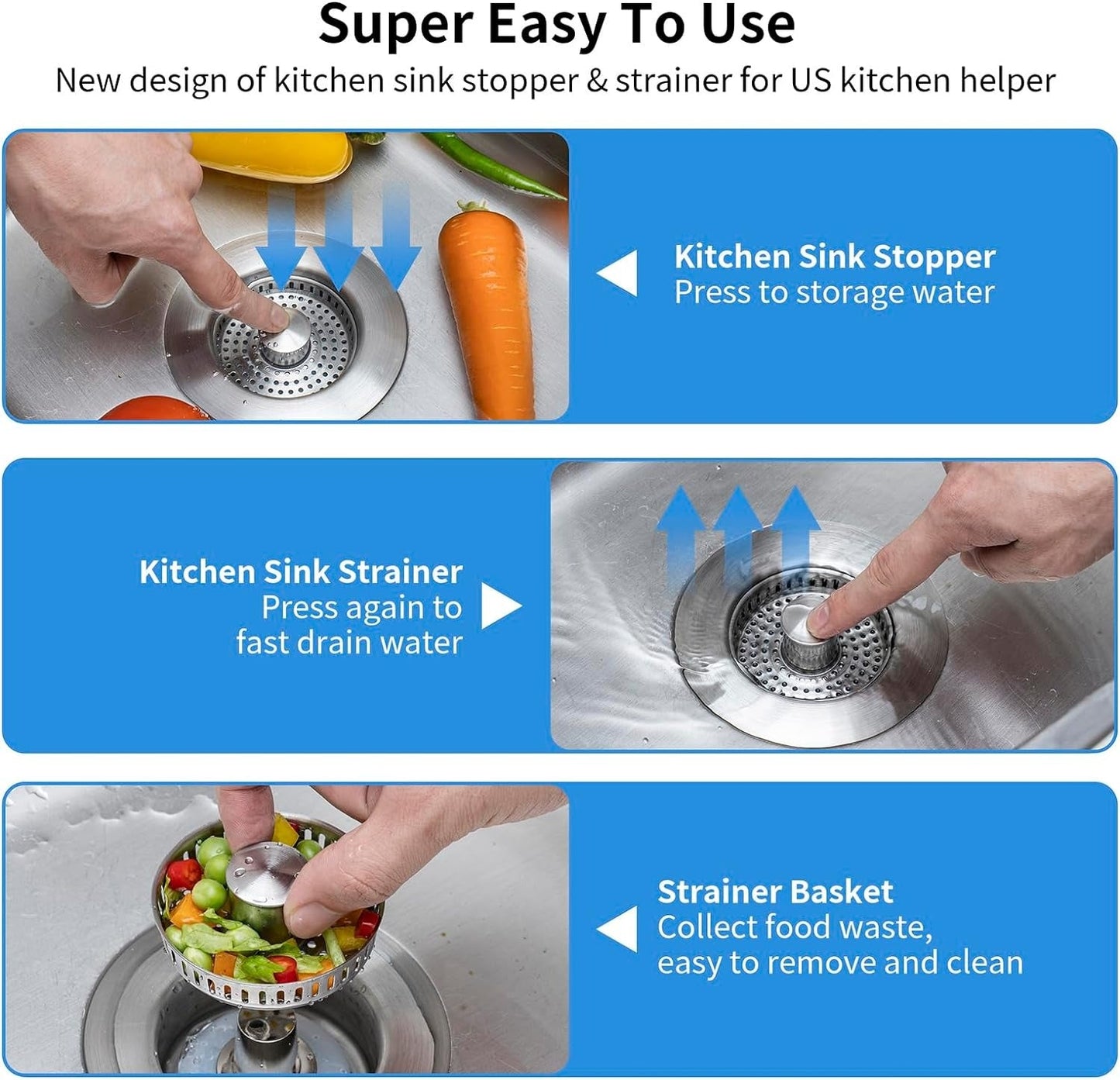 Push Button Sink Drain Strainer with Steel Basket and Silicone Seal