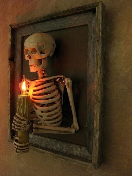 Framed Skeleton Torso Wall Display with Flashing Candle Bulb and Wooden Frame