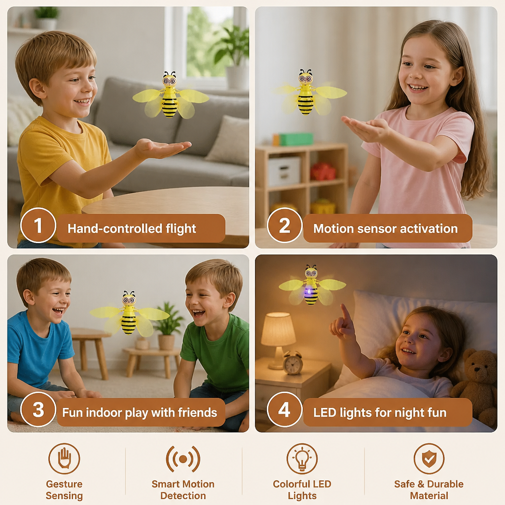 Flying Bee Toy with Motion Sensor and LED Light Effects for Indoor Play