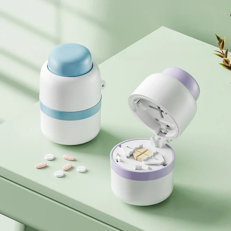 Pill Splitter with Stainless Steel Blade and Storage Compartments, Safety Lock