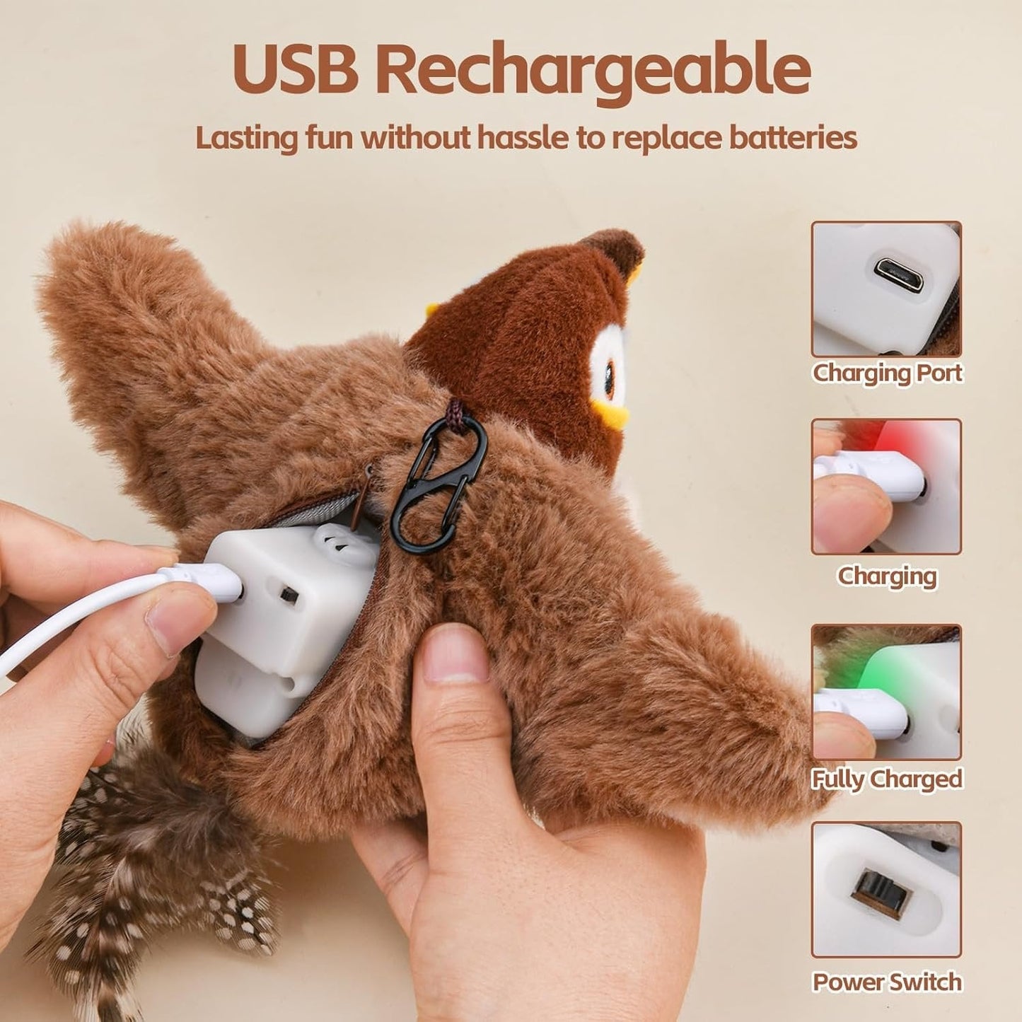 Interactive Cat Toy with Motion-Activated Chirps and USB Rechargeable, Catnip Pocket