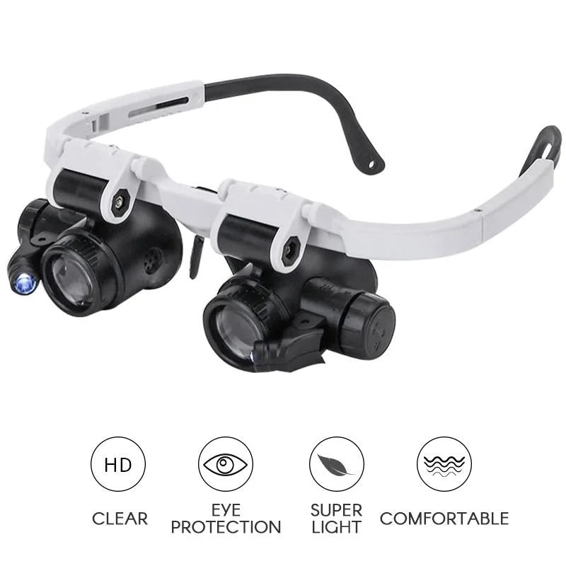 LED Magnifier Headset with Interchangeable 8x/15x/23x Lenses and Dual Adjustable LEDs
