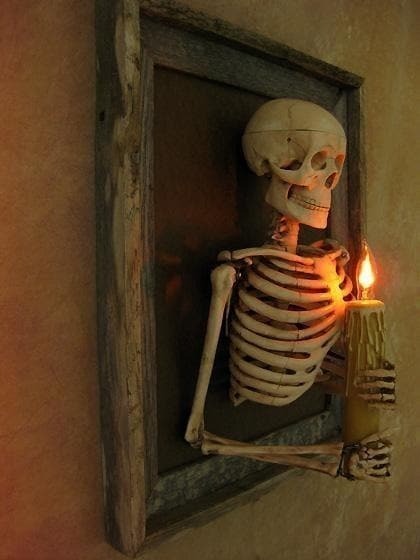 Framed Skeleton Torso Wall Display with Flashing Candle Bulb and Wooden Frame