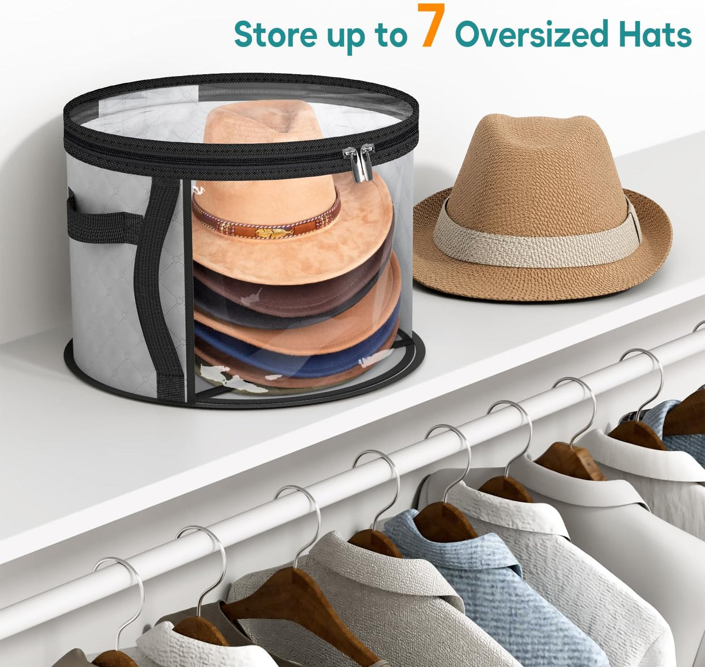 Clear Hat Storage Organizer with Dual Zipper and Reinforced Handles for 5-7 Wide Brim Hats