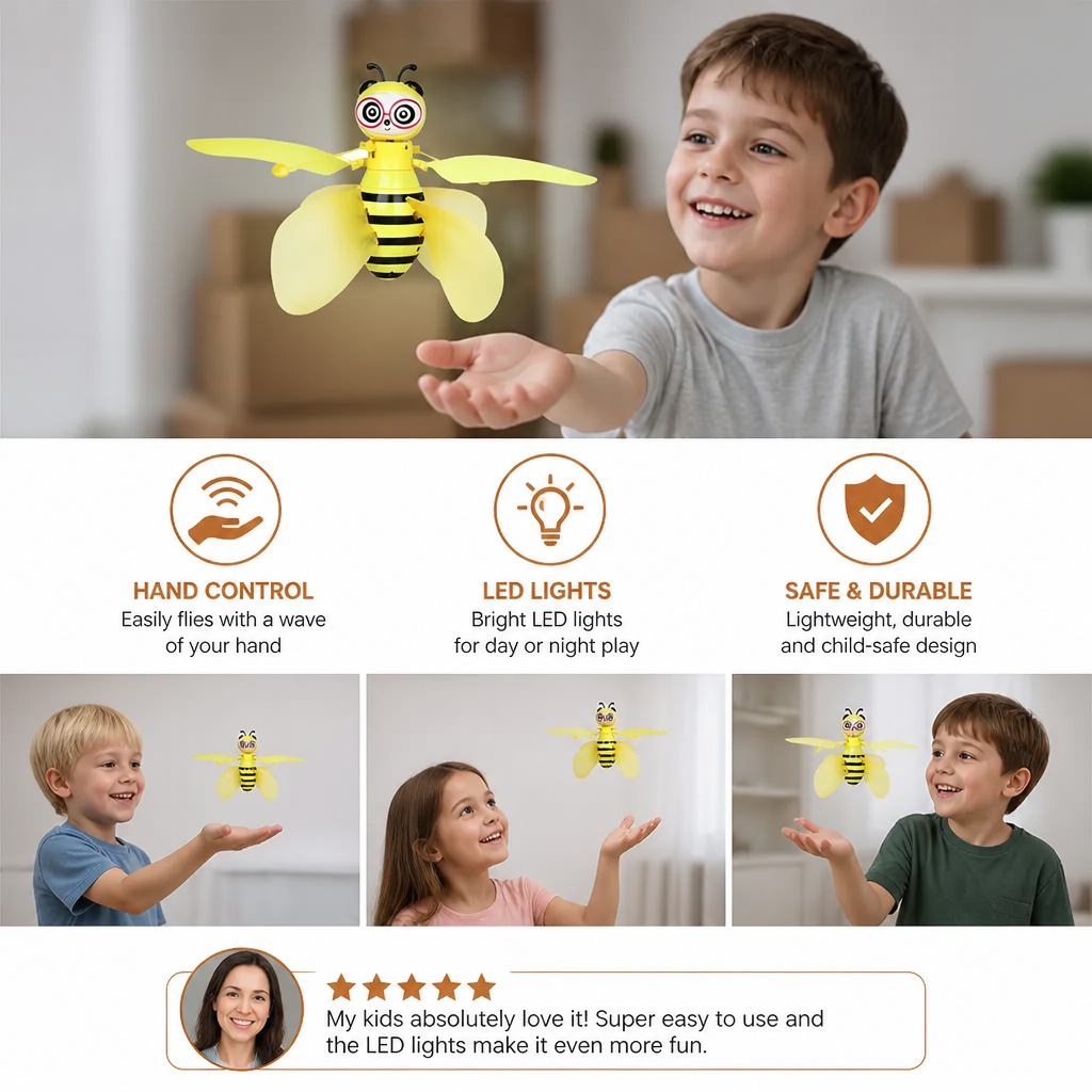 Flying Bee Toy with Motion Sensor and LED Light Effects for Indoor Play