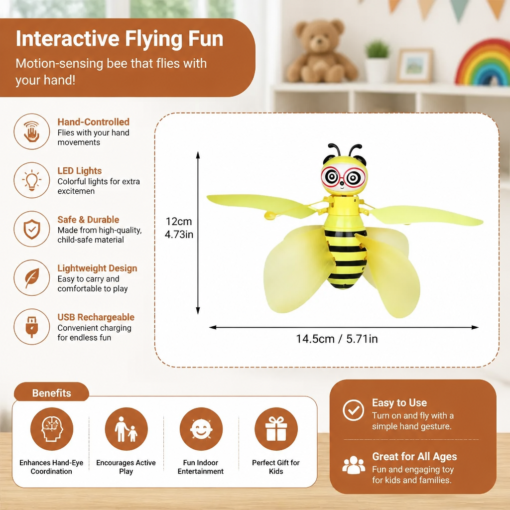 Flying Bee Toy with Motion Sensor and LED Light Effects for Indoor Play
