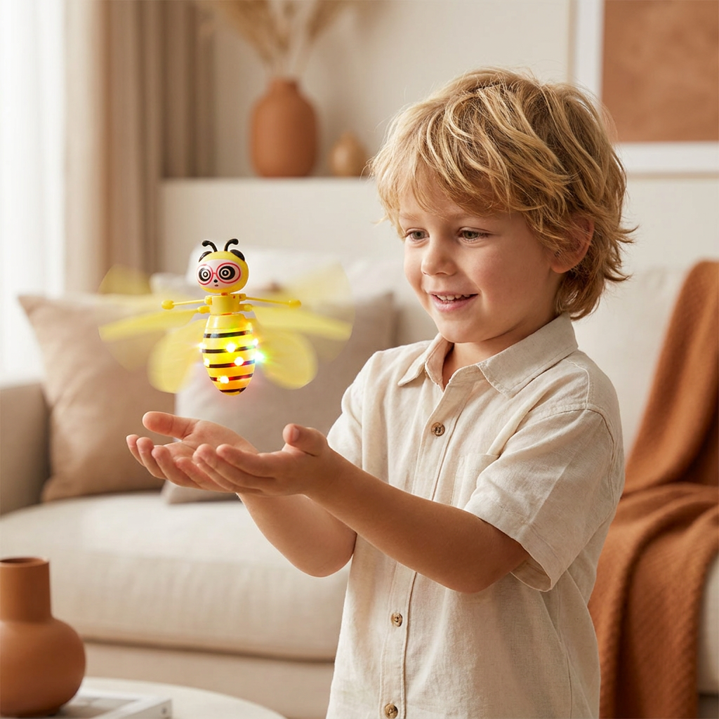 Flying Bee Toy with Motion Sensor and LED Light Effects for Indoor Play